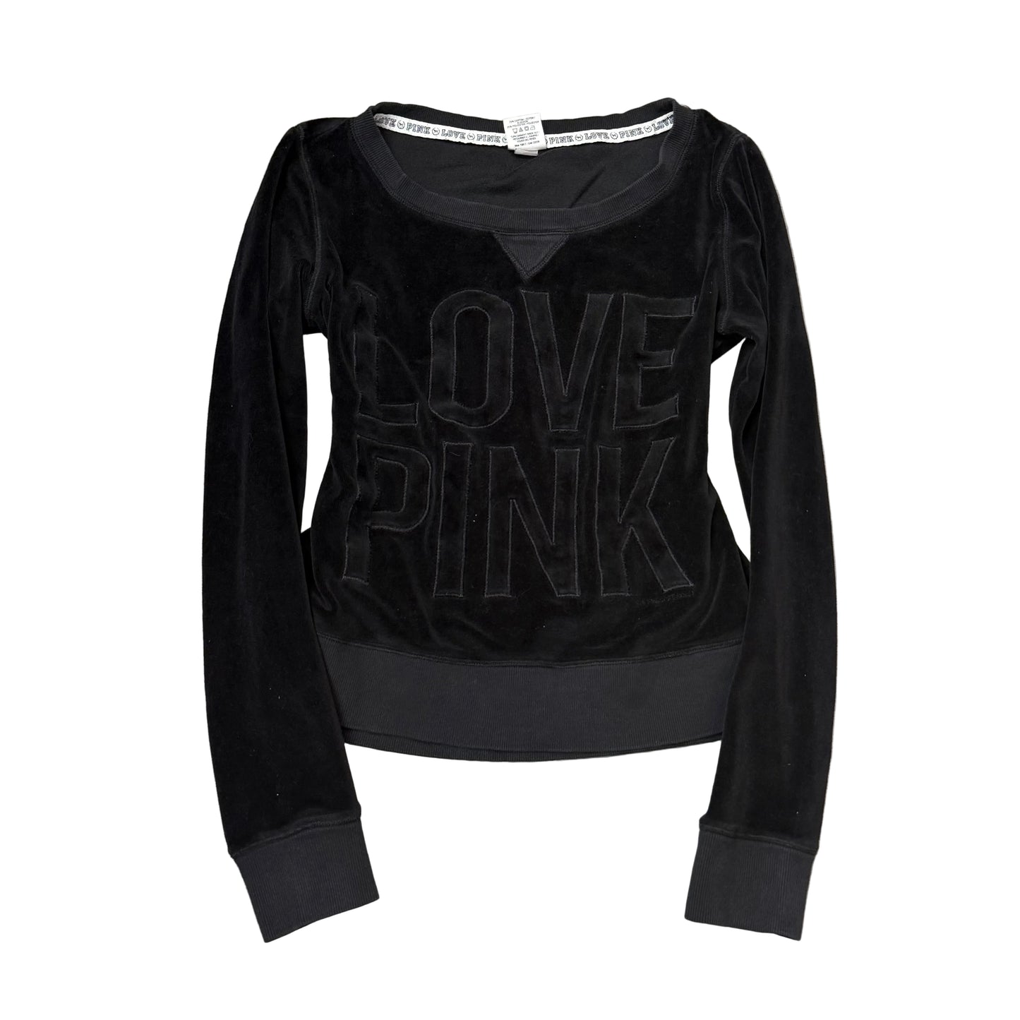 Victoria's Secret Pink "Love Pink" Women Black Velour Sweatshirt Pullover Size M