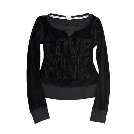Victoria's Secret Pink "Love Pink" Women Black Velour Sweatshirt Pullover Size M