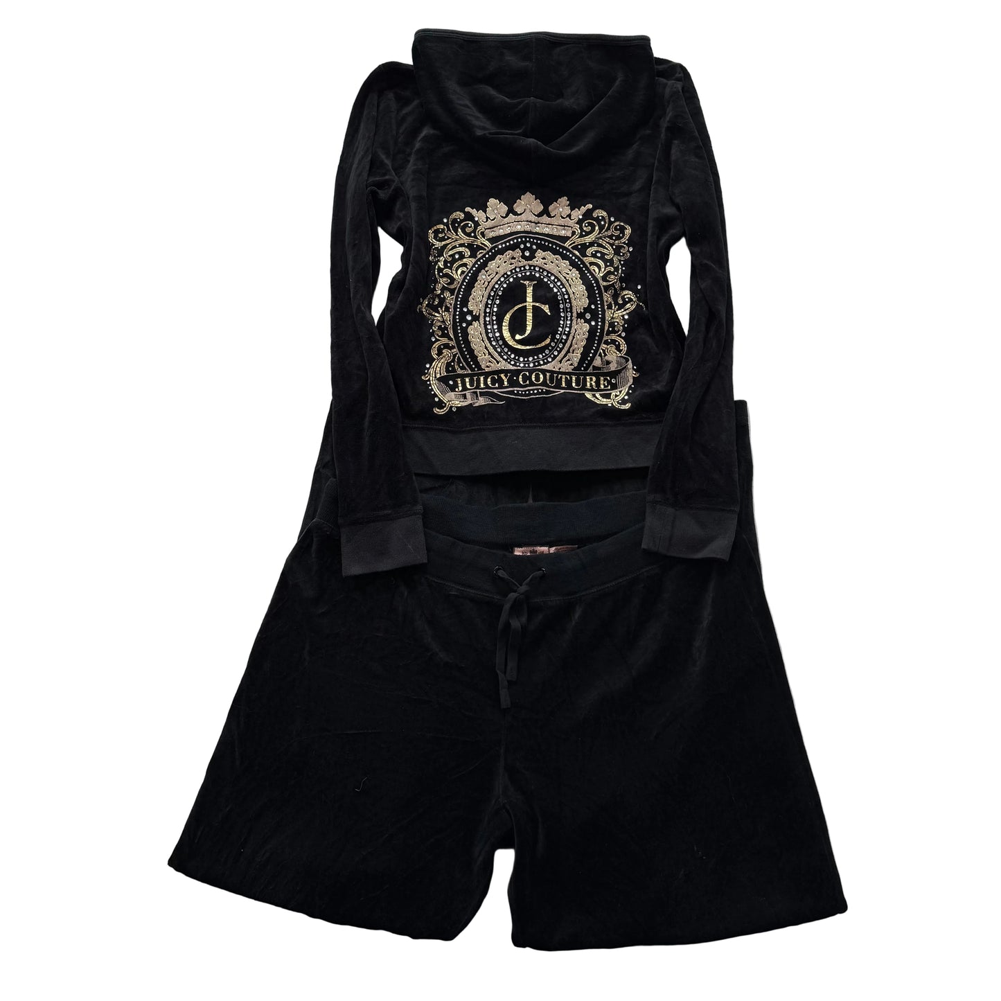 Juicy Couture Black Velour Tracksuit Set Hoodie & Pant Rhinestones Crown Size XL