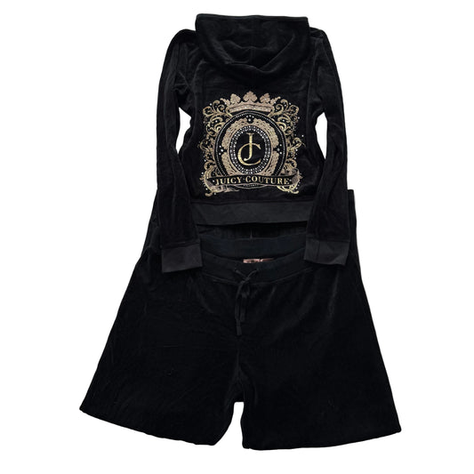 Juicy Couture Black Velour Tracksuit Set Hoodie & Pant Rhinestones Crown Size XL