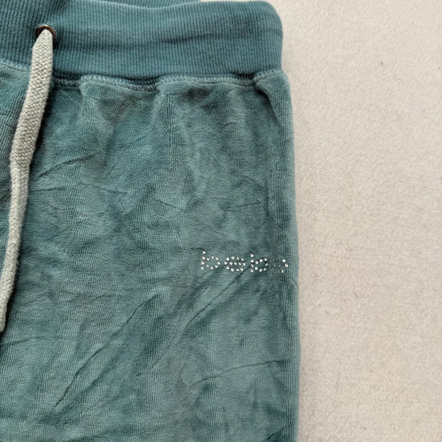 Bebe Women's Slate Green Velour Flared Track Pants Casual Rhinestone Logo Size L