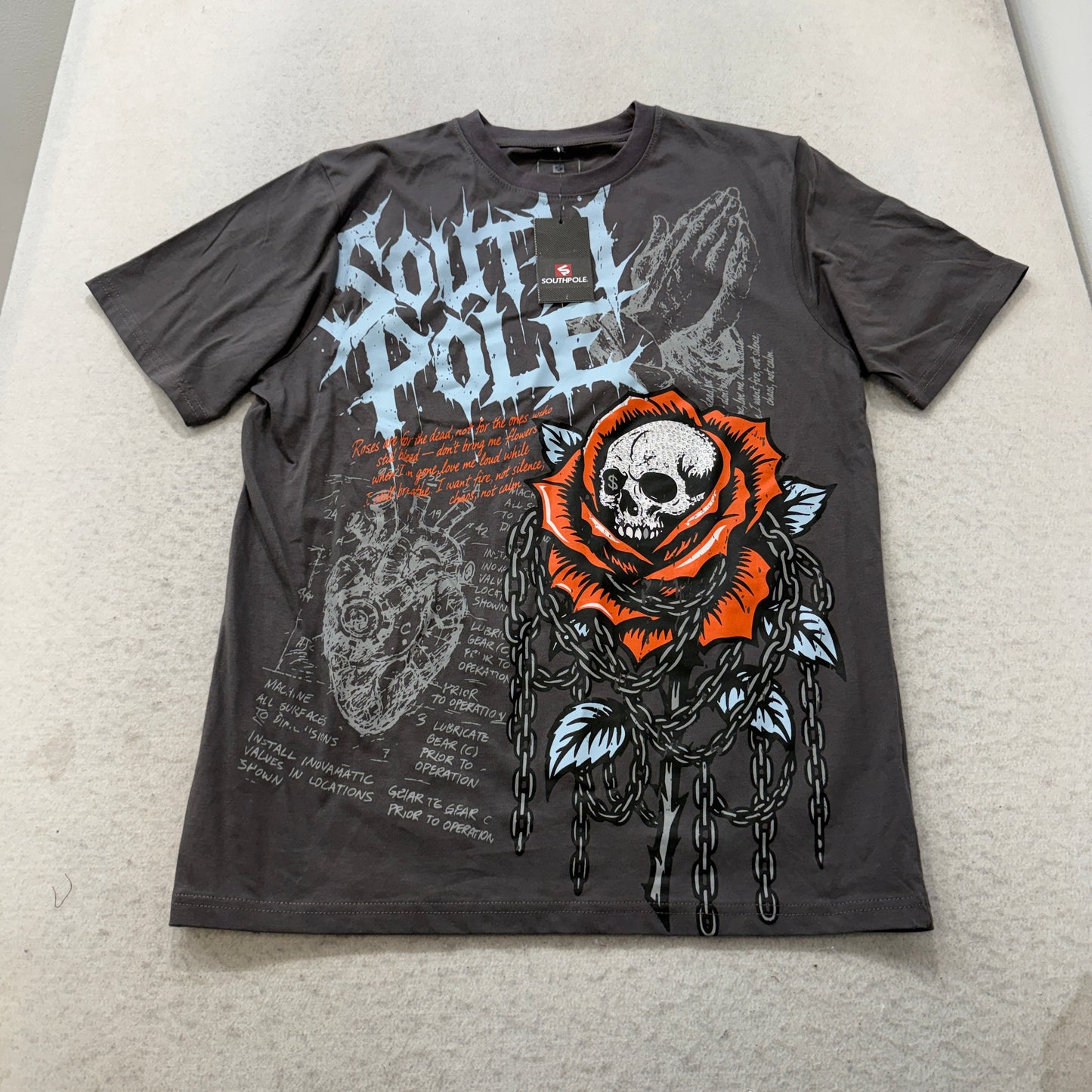 Southpole Men's Dark Grey Cotton T-Shirt Skull Rose Praying Hands Casual Size M