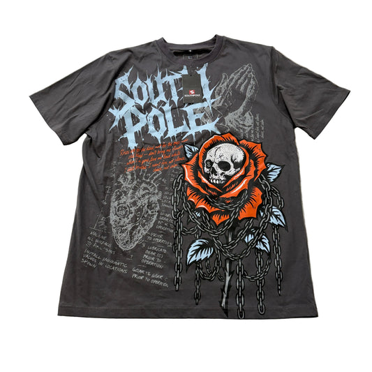 Southpole Men's Dark Grey Cotton T-Shirt Skull Rose Praying Hands Casual Size M