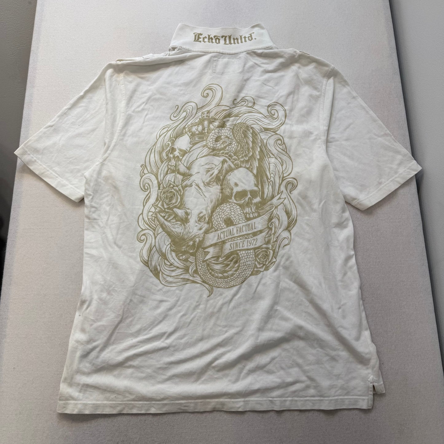 Ecko Unltd White Polo Shirt Skull Back Graphic Chest Pockets Embroidered Size XXL