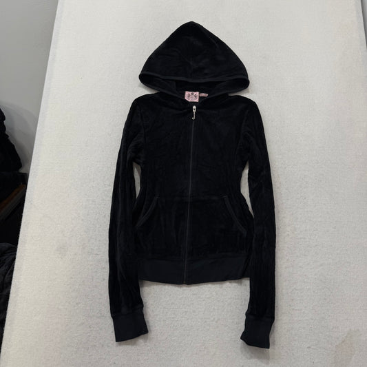 Juicy Couture Black Velour Tracksuit Set Zip Up Hoodie & Flared Pants Y2K Size M