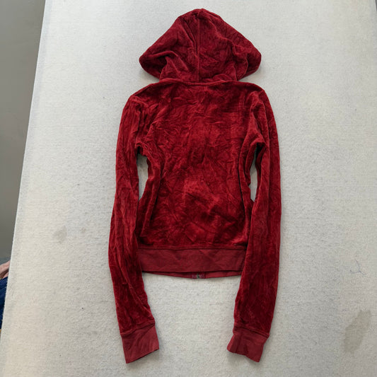 2003 Vintage Juicy Couture Women's Wine Red Velour Zip-Up Hoodie Pockets Size M