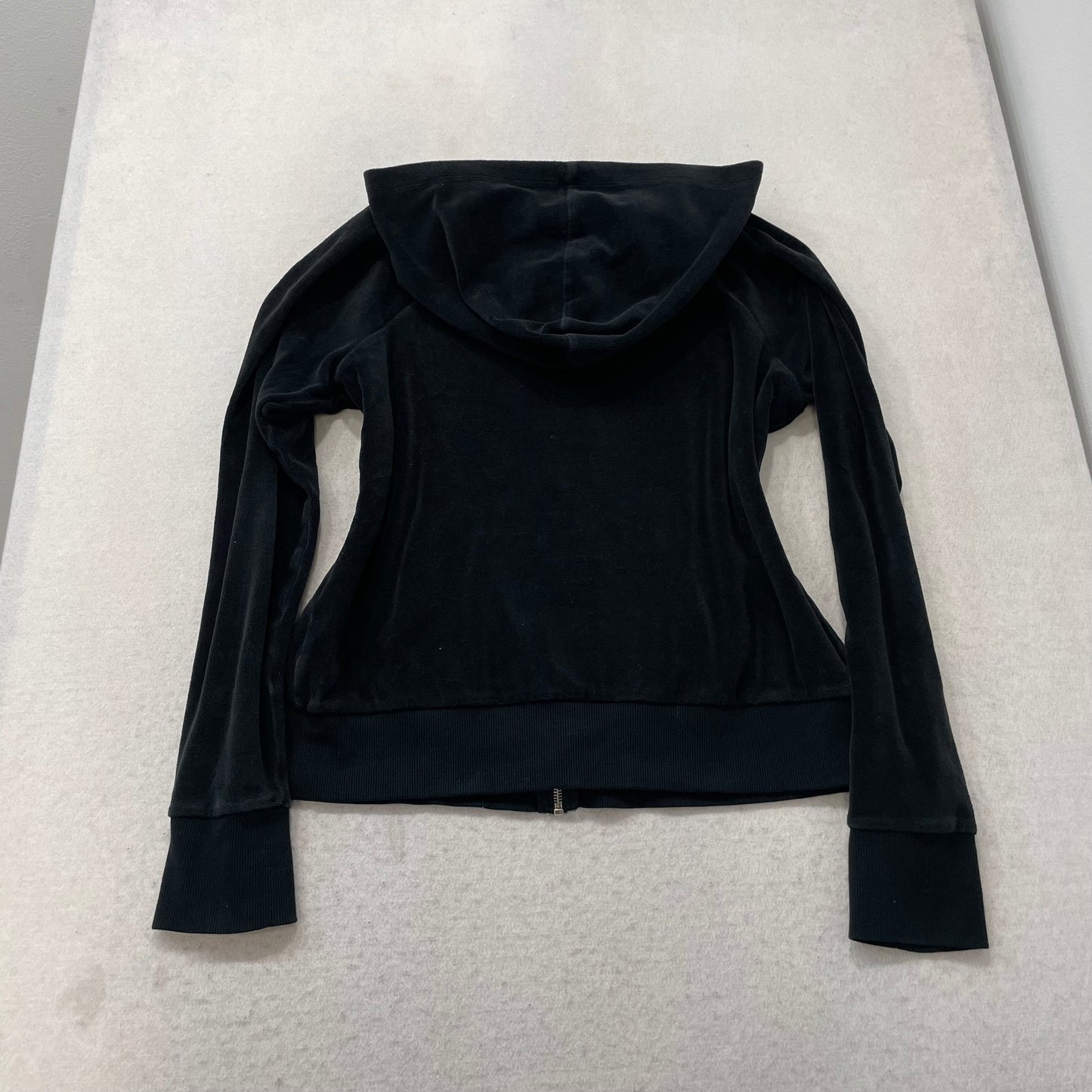 Bebe Women's Black Velour Zip Up Hoodie Rhinestones Logo Pockets Preppy Size L