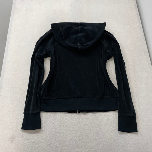 Bebe Women's Black Velour Zip Up Hoodie Rhinestones Logo Pockets Preppy Size L