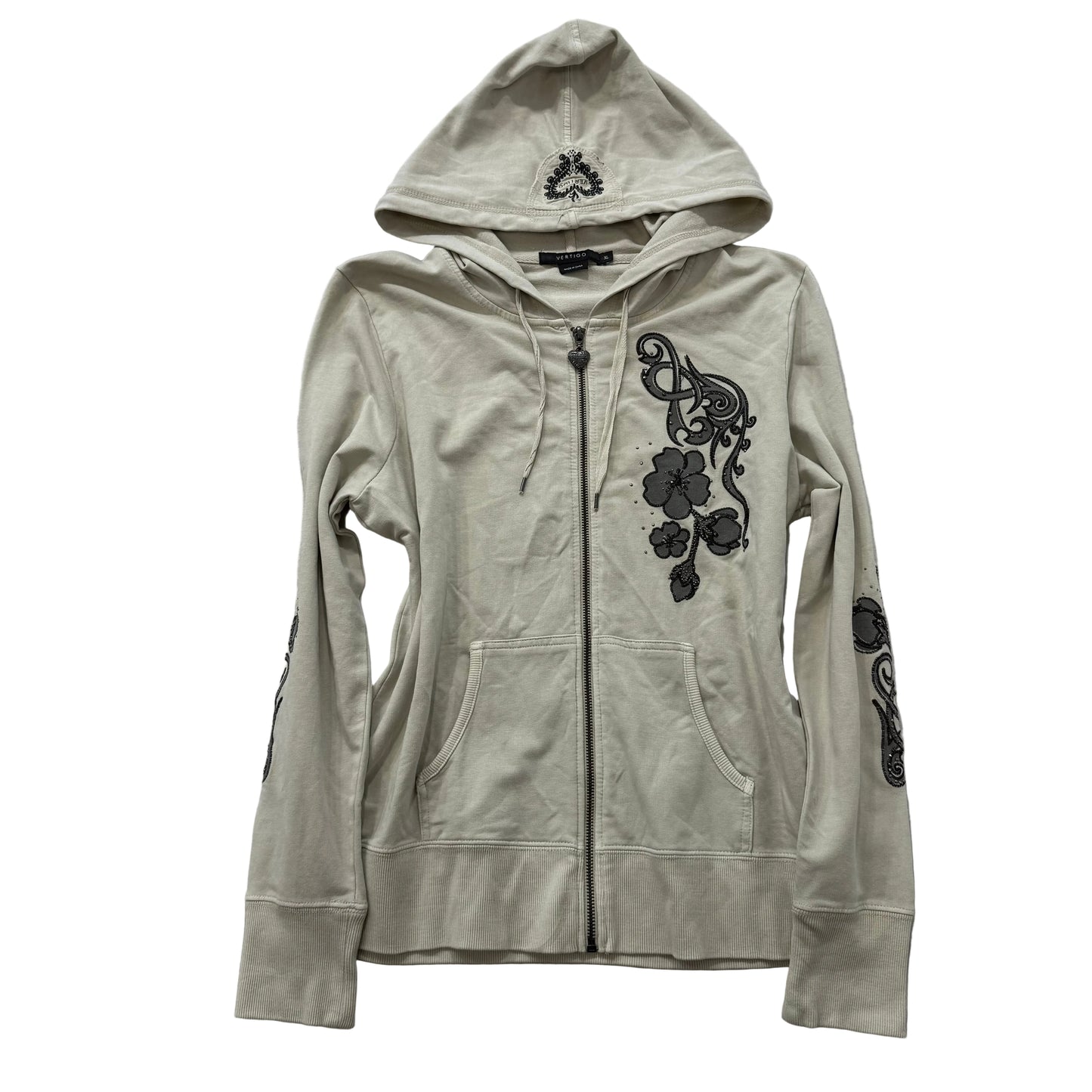 Vertigo Women's White Cotton Zip Up Hoodie Floral Rhinestones Logo Y2K Size XL