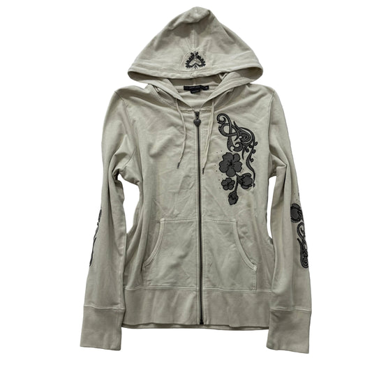 Vertigo Women's White Cotton Zip Up Hoodie Floral Rhinestones Logo Y2K Size XL
