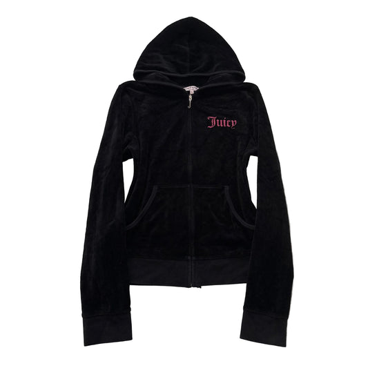 Juicy Couture Women's Black Velour Full Zip Hoodie Loungewear Pockets Size XL