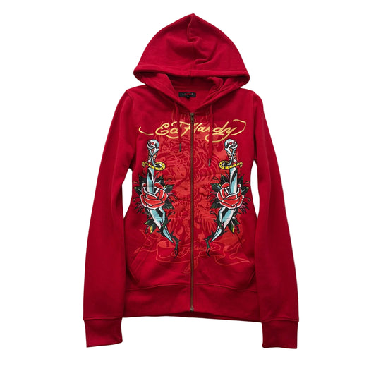 ED HARDY “Rose Dagger” CHERRY RED FITTED ZIP UP HOODIE
