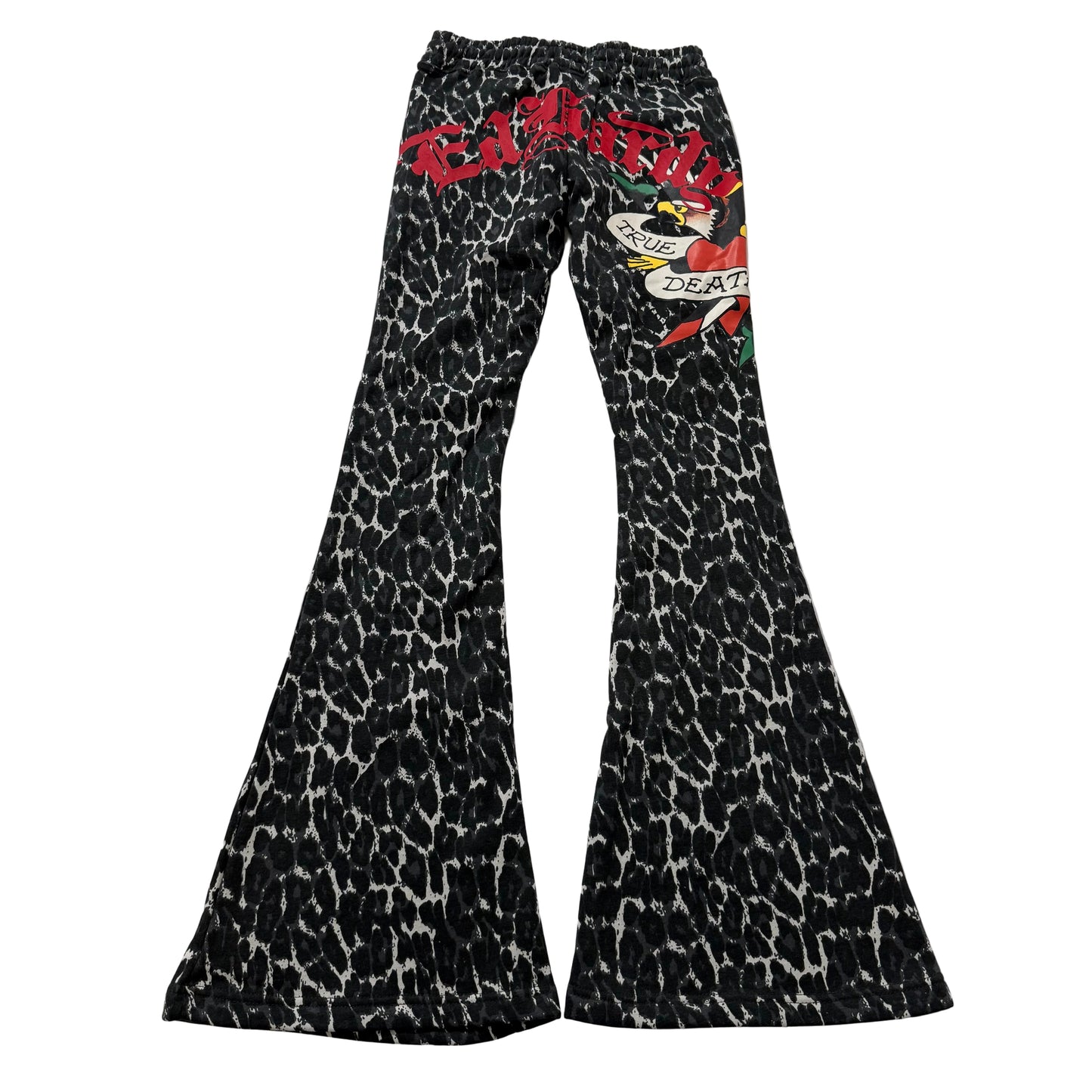 Ed Hardy Women Black Leopard Print Velour Flare Track Pant Eagle Graphic Size XS