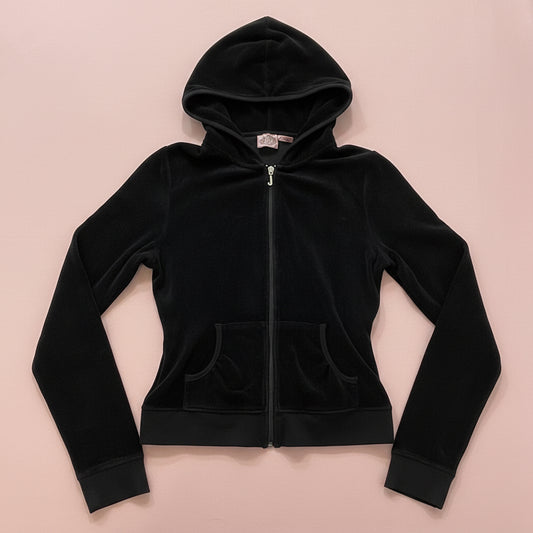 Juicy Couture Women's Black Velour Zip-Up Hoodie Loungewear Pockets Y2k Size XL