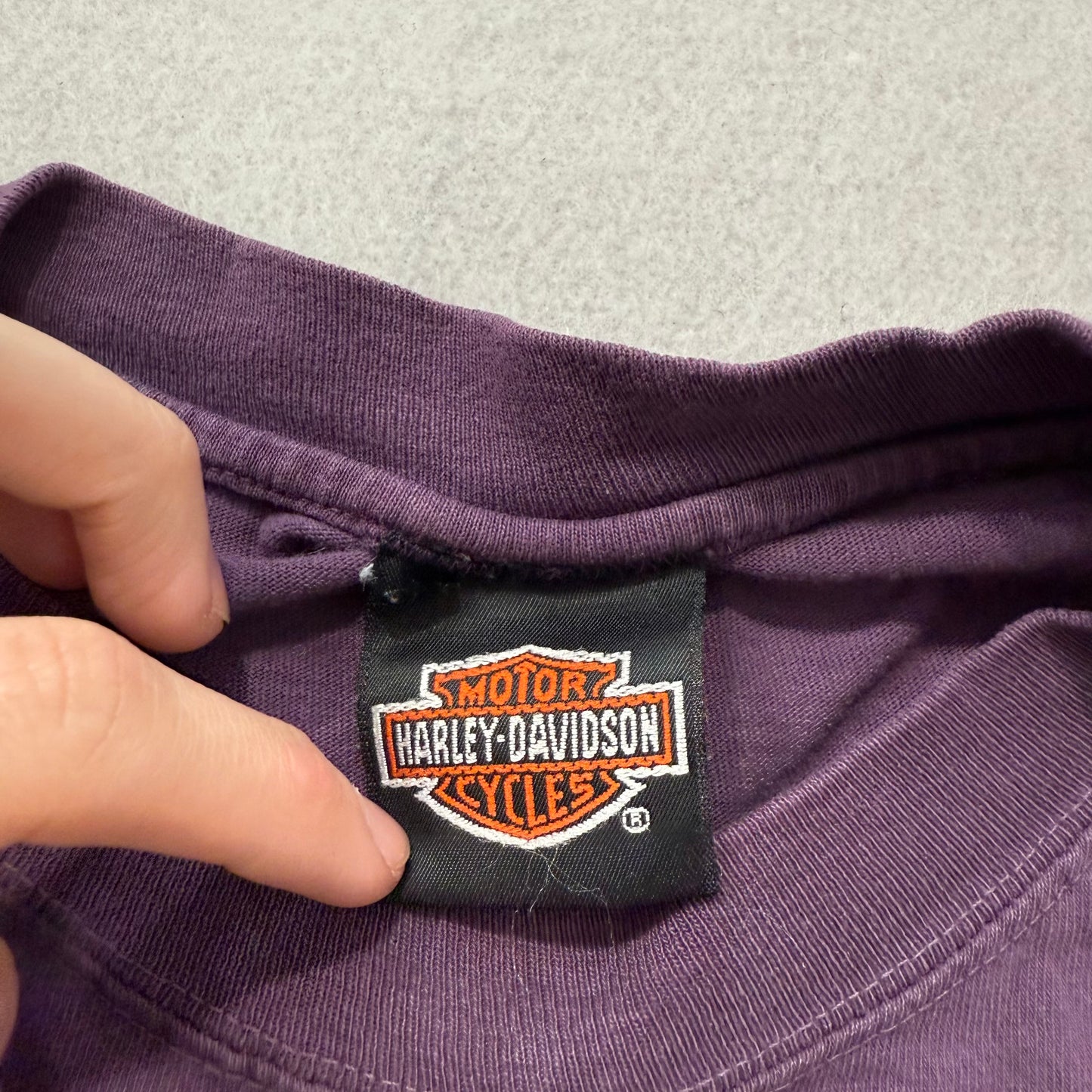 Harley-Davidson Unisex Plum Cotton Cropped T-Shirt Raw Hem Graphic Logo Size L