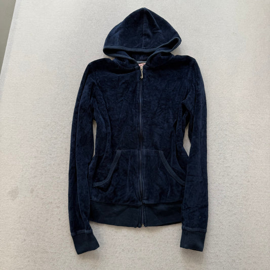 Vintage Juicy Couture Women's Navy Velour Zip Up Hoodie Graphic Logo Y2K Size S
