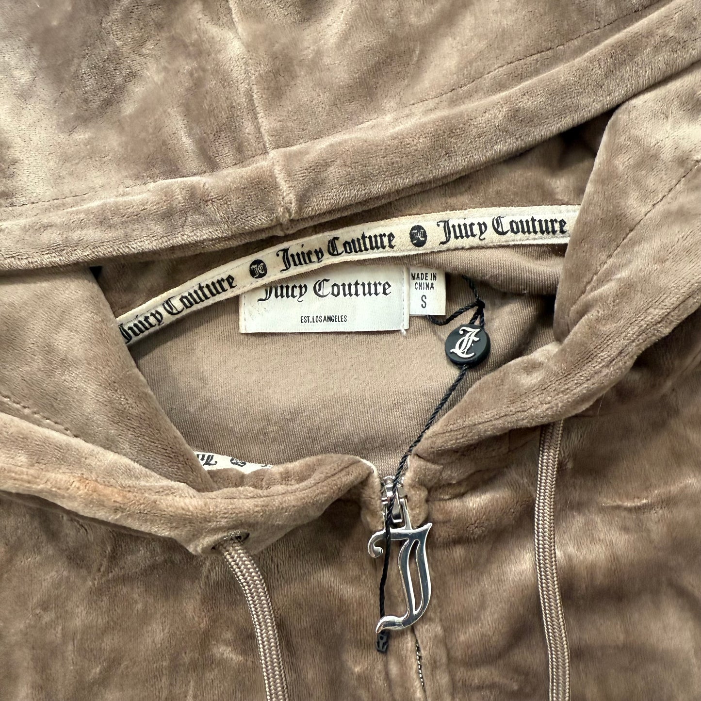 Juicy Couture Women's Brown Velour Zip-Up Cropped Hoodie Rhinestones Logo Size S