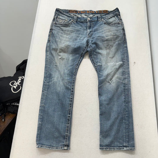 Rock Revival Light Washed Denim Straight Jeans Fleur-de-lis Pockets Size 40
