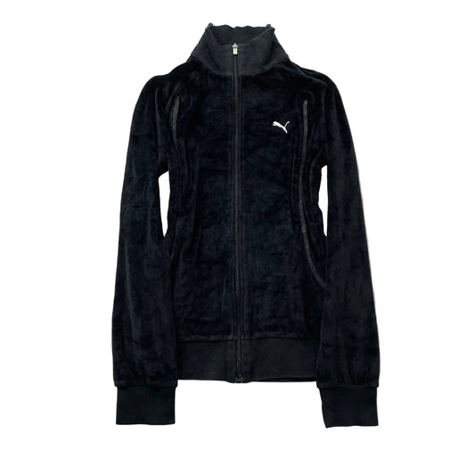 Puma Women's Black Velour Zip-Up Track Jacket Mock Neck Embroidered Logo Size S