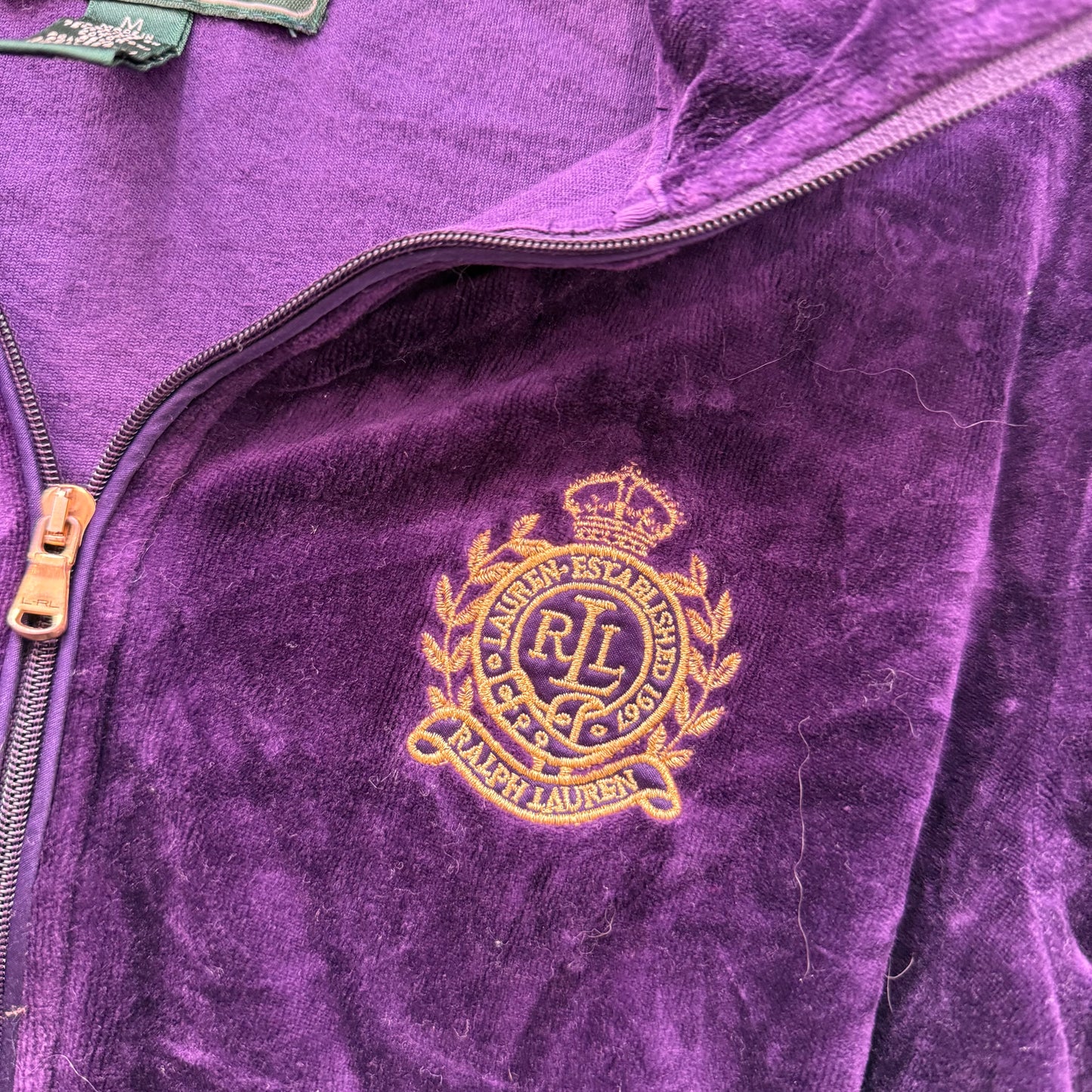 Ralph Lauren Women Deep Purple Velour Zip-Up Track Jacket Embroidery Logo Size M