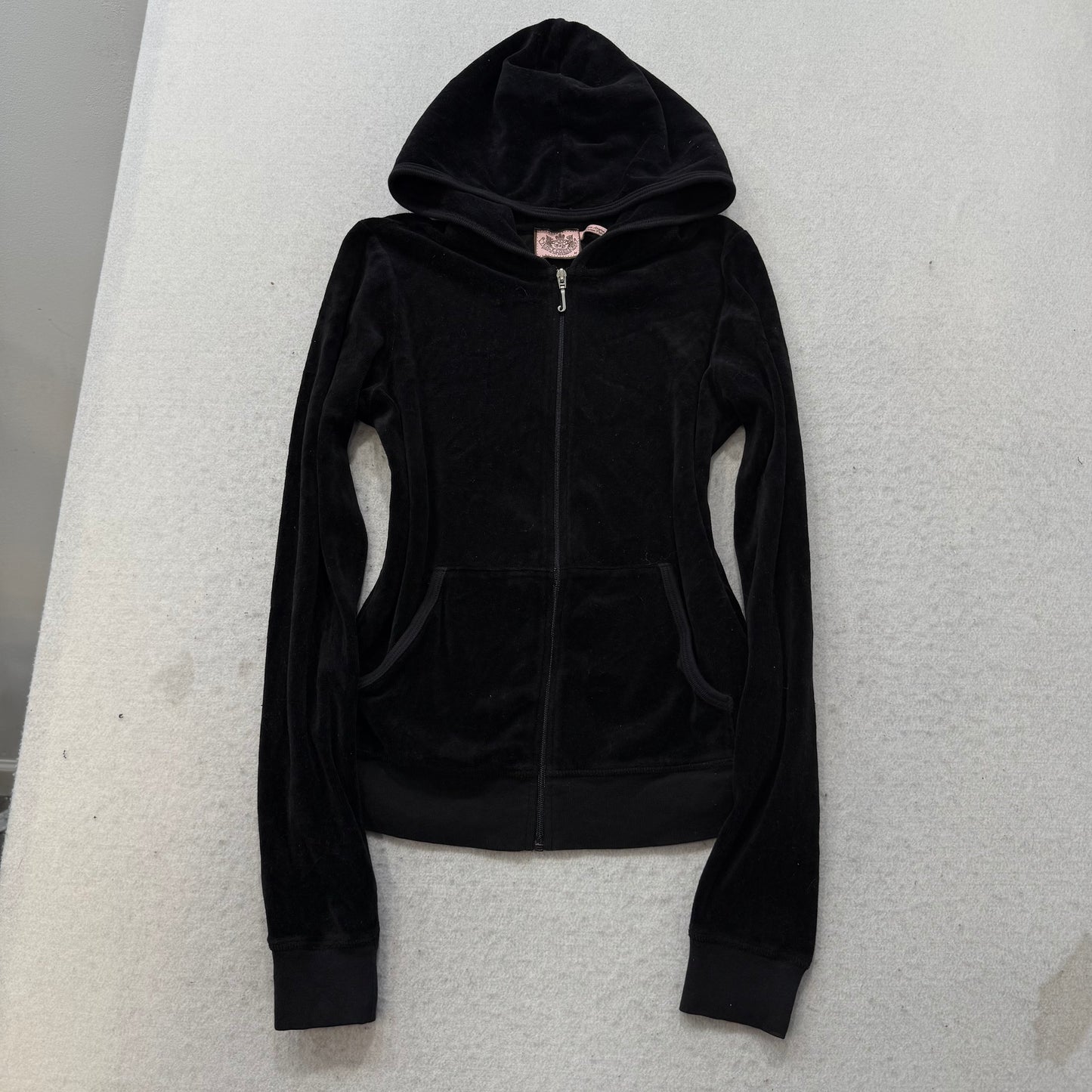 Juicy Couture Black Velour Tracksuit Set Zip-Up Hoodie Drawstring Pant Size M/L