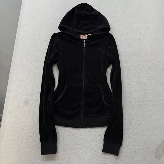 Juicy Couture Black Velour Tracksuit Set Zip-Up Hoodie Drawstring Pant Size M/L