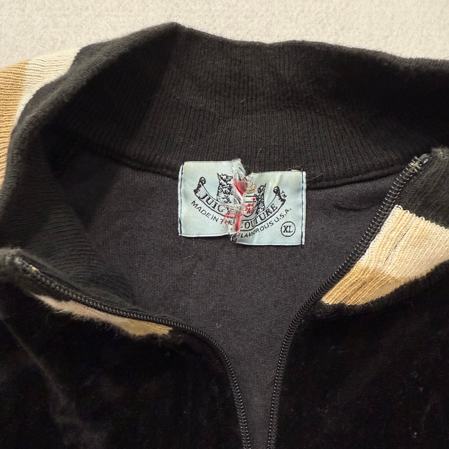 Vintage Juicy Couture black velour full zip hoodie with beige/white design size XL