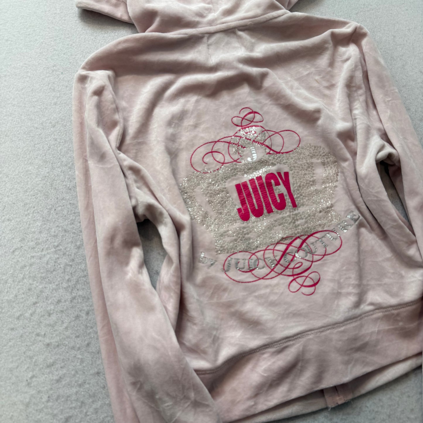Juicy Couture Womens Light Pink Velour Zip-Up Hoodie Pockets Glitter Logo Size M