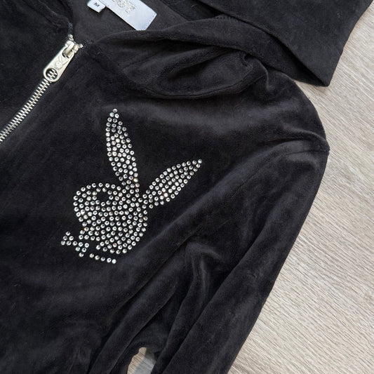 Playboy Women's Black Velour Zip-Up Cropped Fit Hoodie Rhinestones Logo Size M