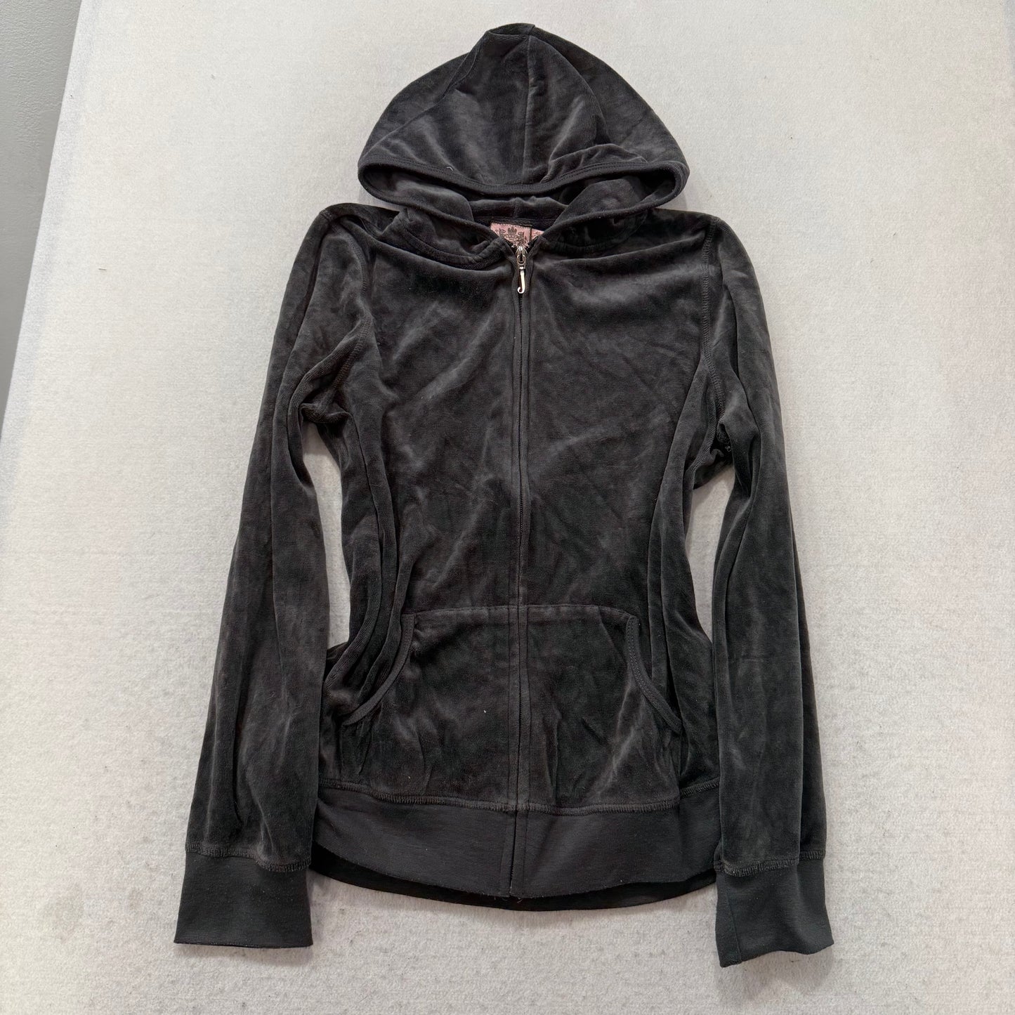 Vintage Juicy Couture Women's Black Velour Zip Up Hoodie Graphic Logo Y2K Size L