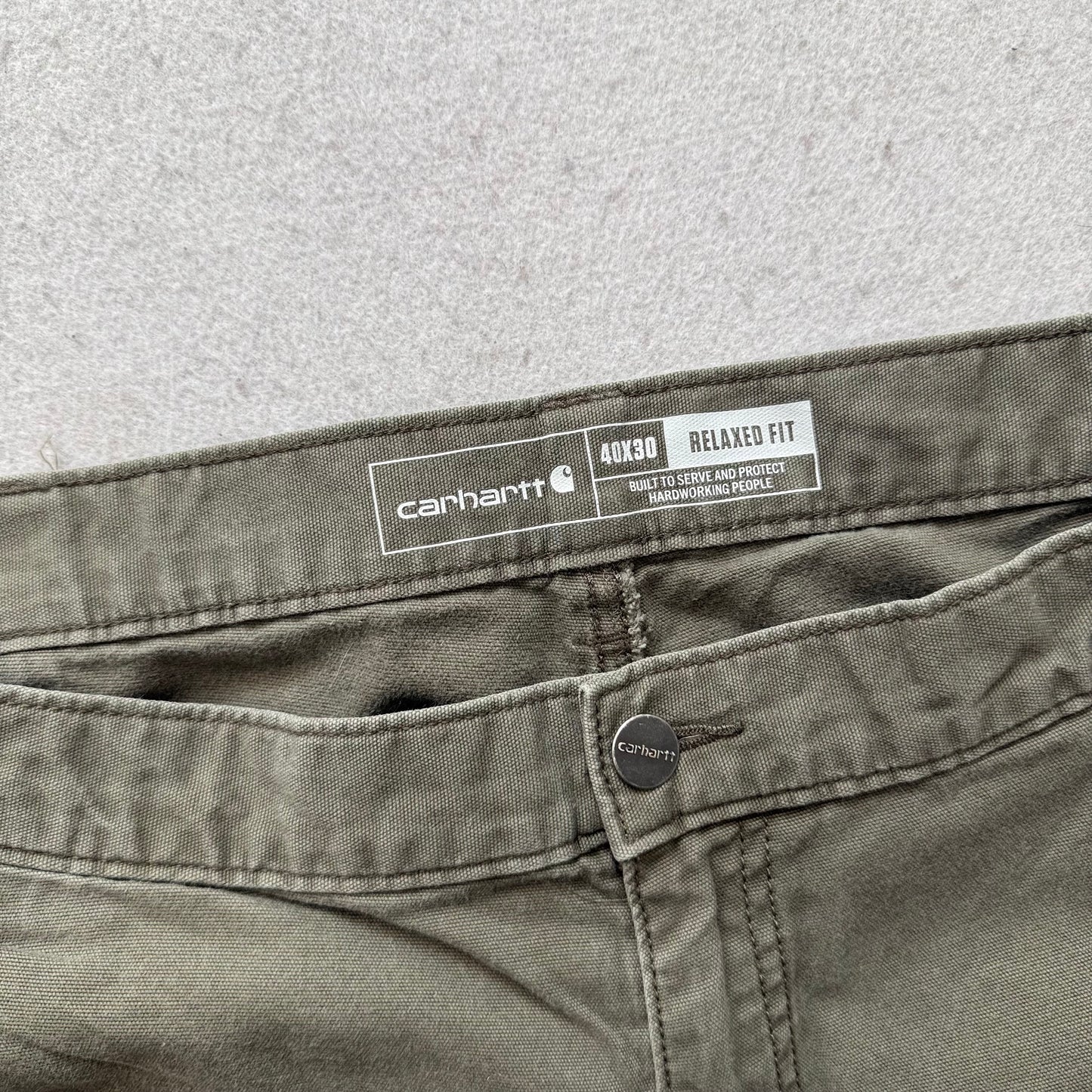 Carhartt Relaxed Fit Mens Olive Green Washed-Duck Double Knee Work Pants - 40x30