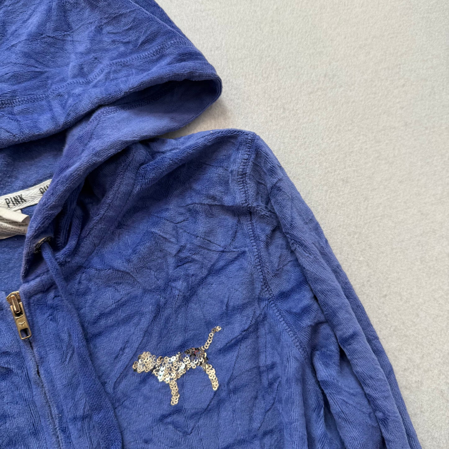 Victoria's Secret PINK Women's Deep Blue Velour Zip-Up Hoodie Gold Sequin Size M