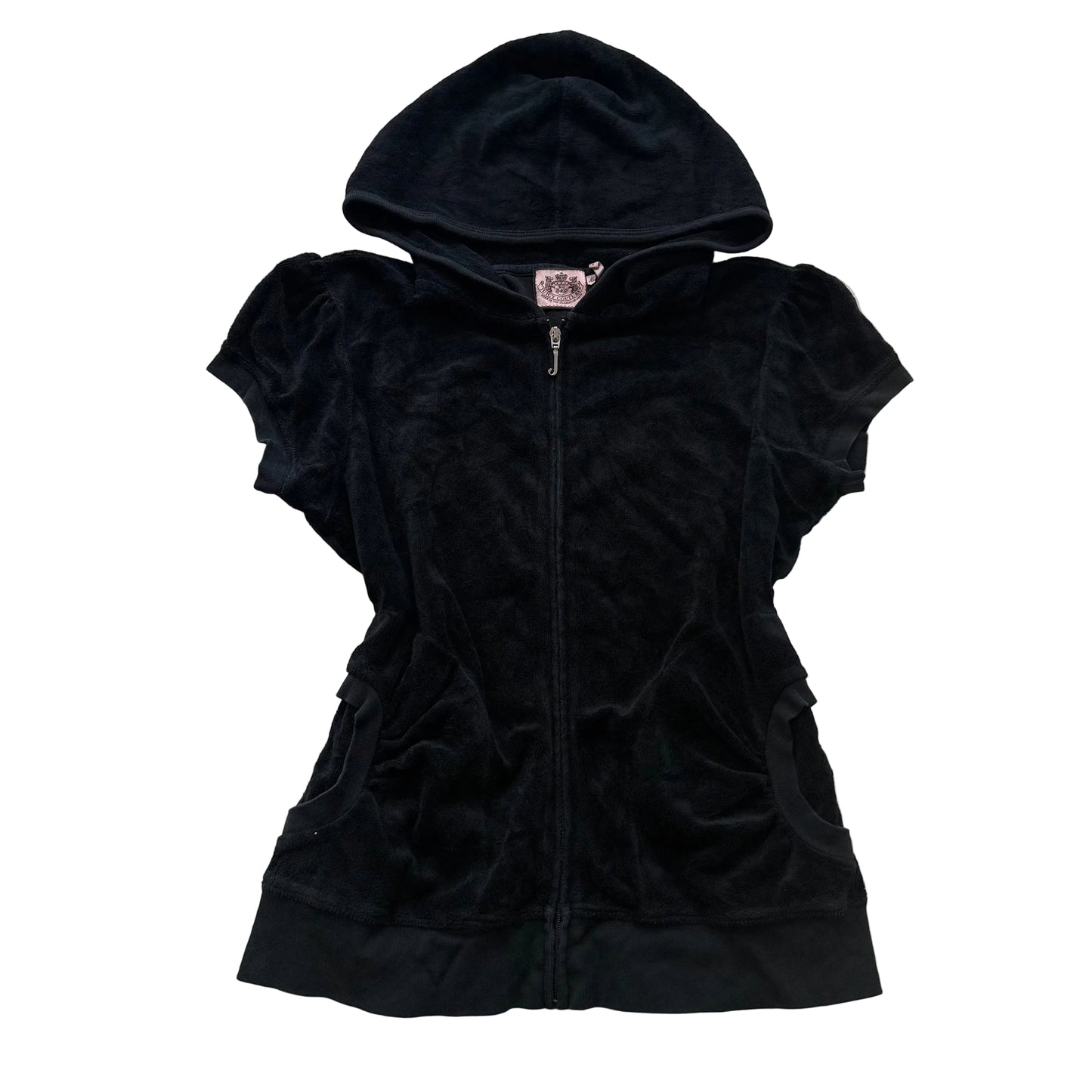 Juicy Couture Womens Black Terry Cloth Zip-Up Hoodie Short Sleeve Pocket Size XL
