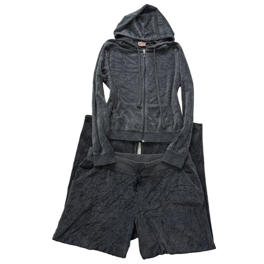 Juicy Couture Women Charcoal Grey Velour Tracksuit Set Hoodie & Pant Y2k Size XL