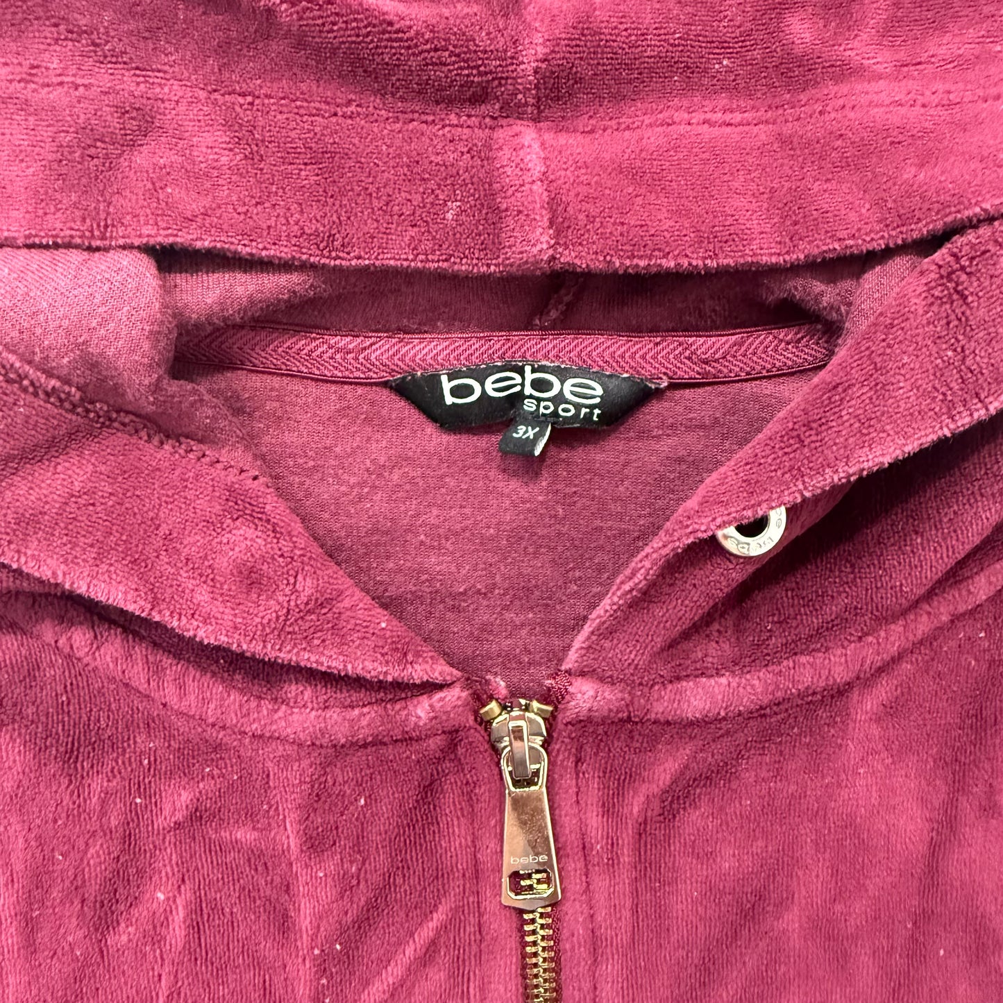 Bebe Sport Women's Burgundy Velour Zip-Up Hoodie Pockets Rhinestone Logo Size 3X