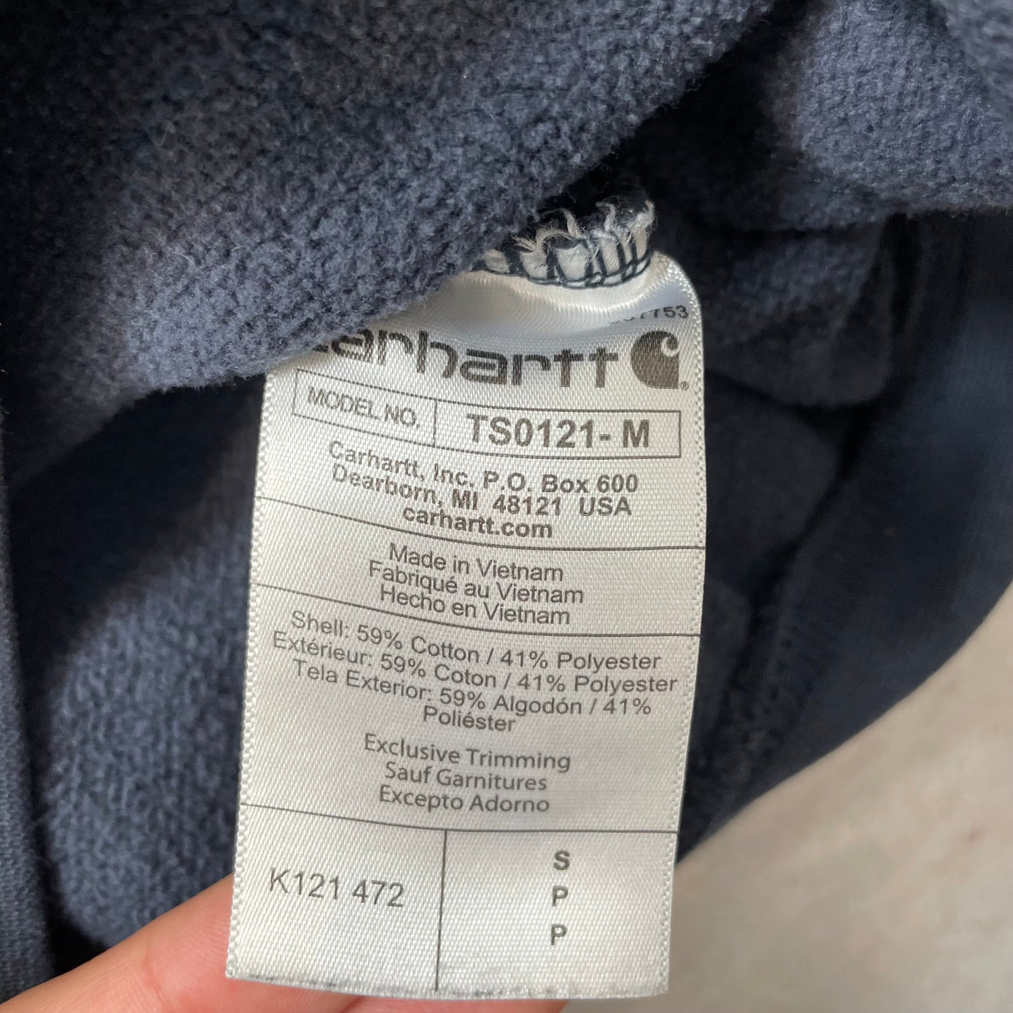 Carhartt Men's Navy Blue Cotton Pullover Hoodie Pocket Drawstring Logo Size S
