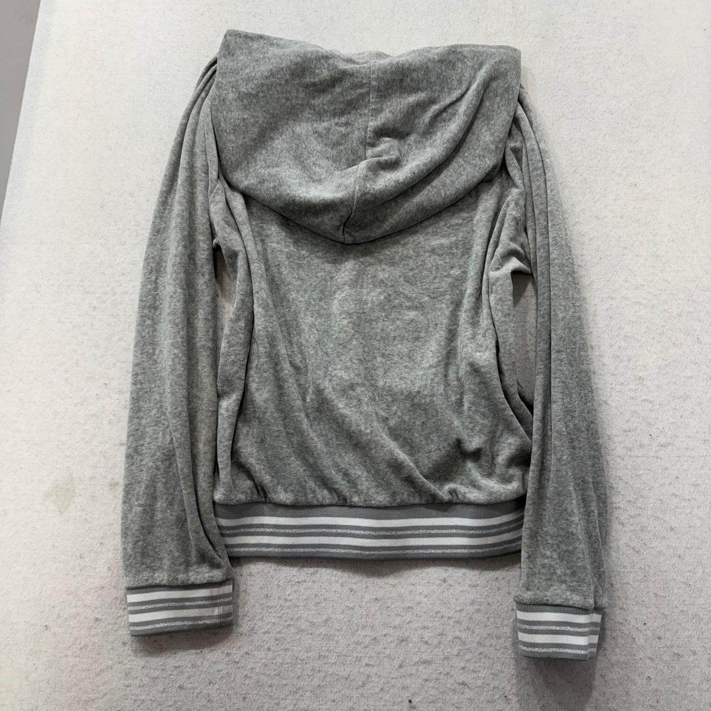 Juicy Couture Women's Gray Velour Full Zip Hoodie Striped Cuffs & Hem Size XL