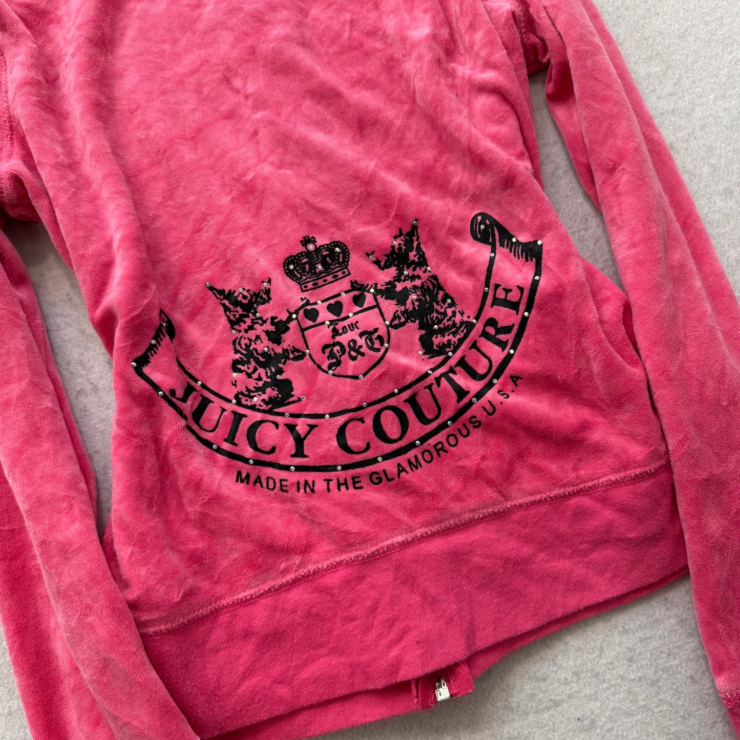 Juicy Couture Women's Pink Velour Full Zip Hoodie Rhinestones Logo Preppy Size M