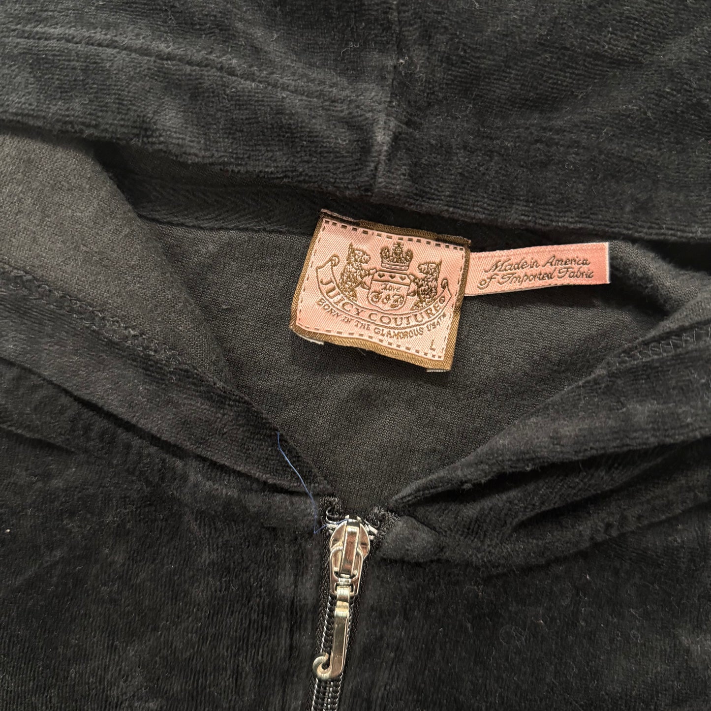 Vintage Juicy Couture Women's Black Velour Full Zip Hoodie Y2k Pockets Size L