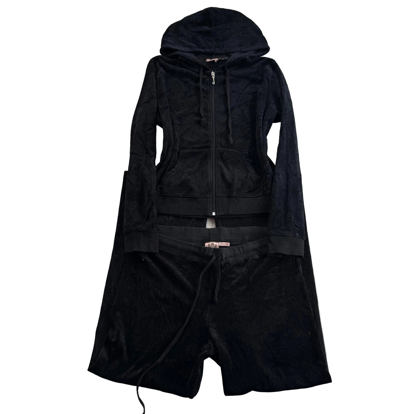 Juicy Couture Women Black Velour Tracksuit Set Zip-Up Hoodie & Flare Pant Size M