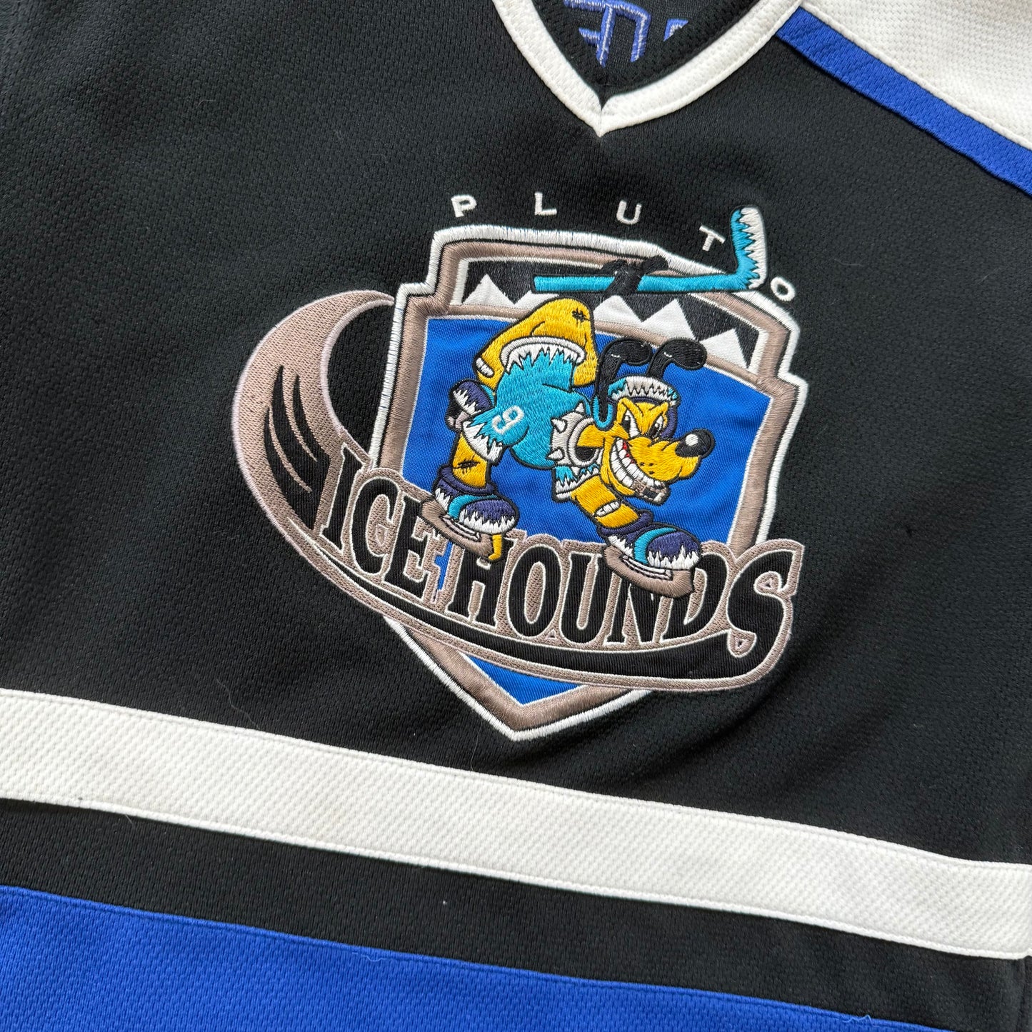 Vintage Disneyland Resort Pluto #K9 Kids Black Blue Icehounds Hockey Jersey Size S