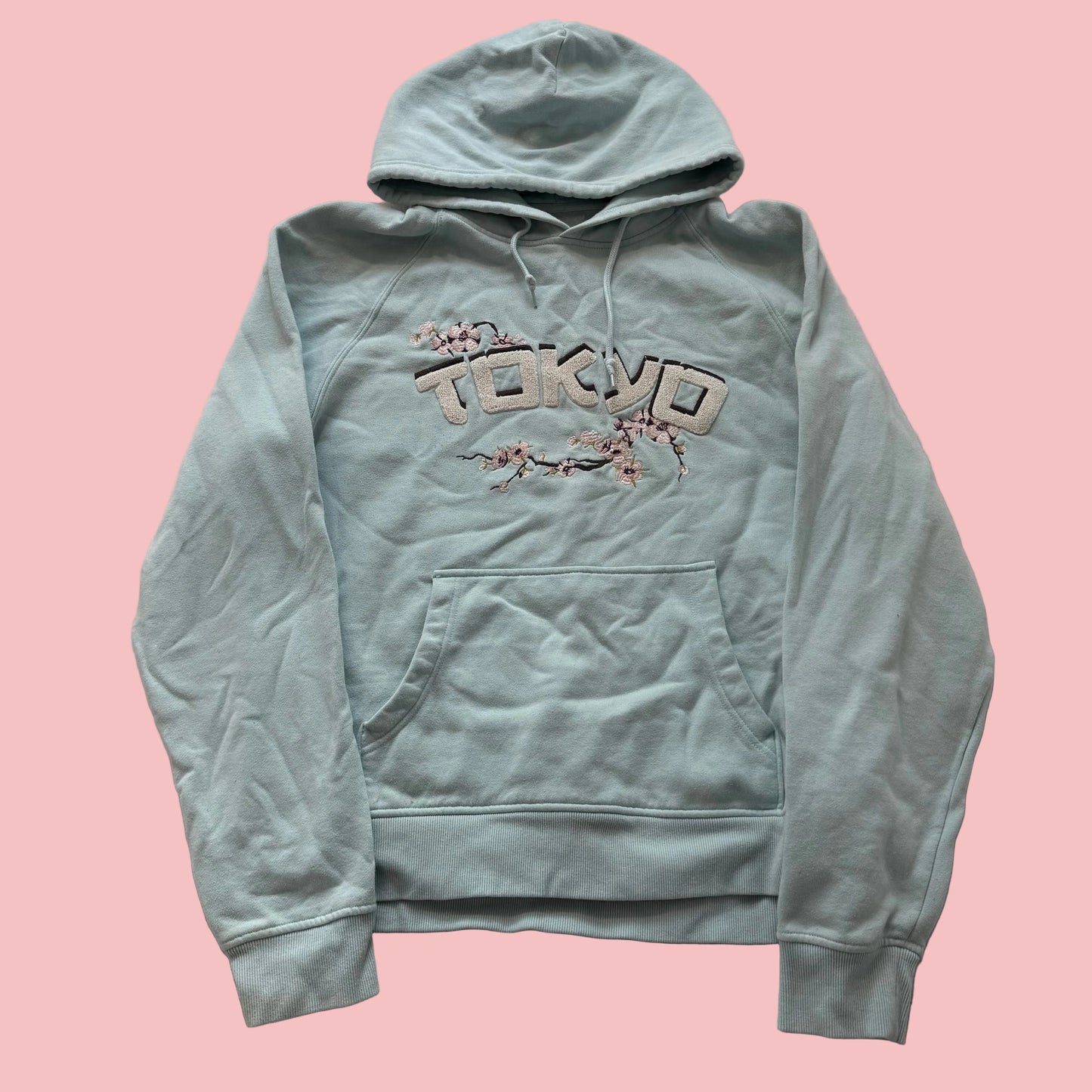 Urban Outfitters Tokyo Womens Mint Blue Hoodie Cherry Blossom Embroidered Size S