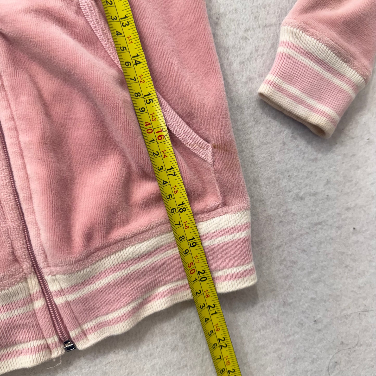 2003 Vintage Juicy Couture Pink Velour Zip-Up Hoodie White Stripe Rib Hem Size P