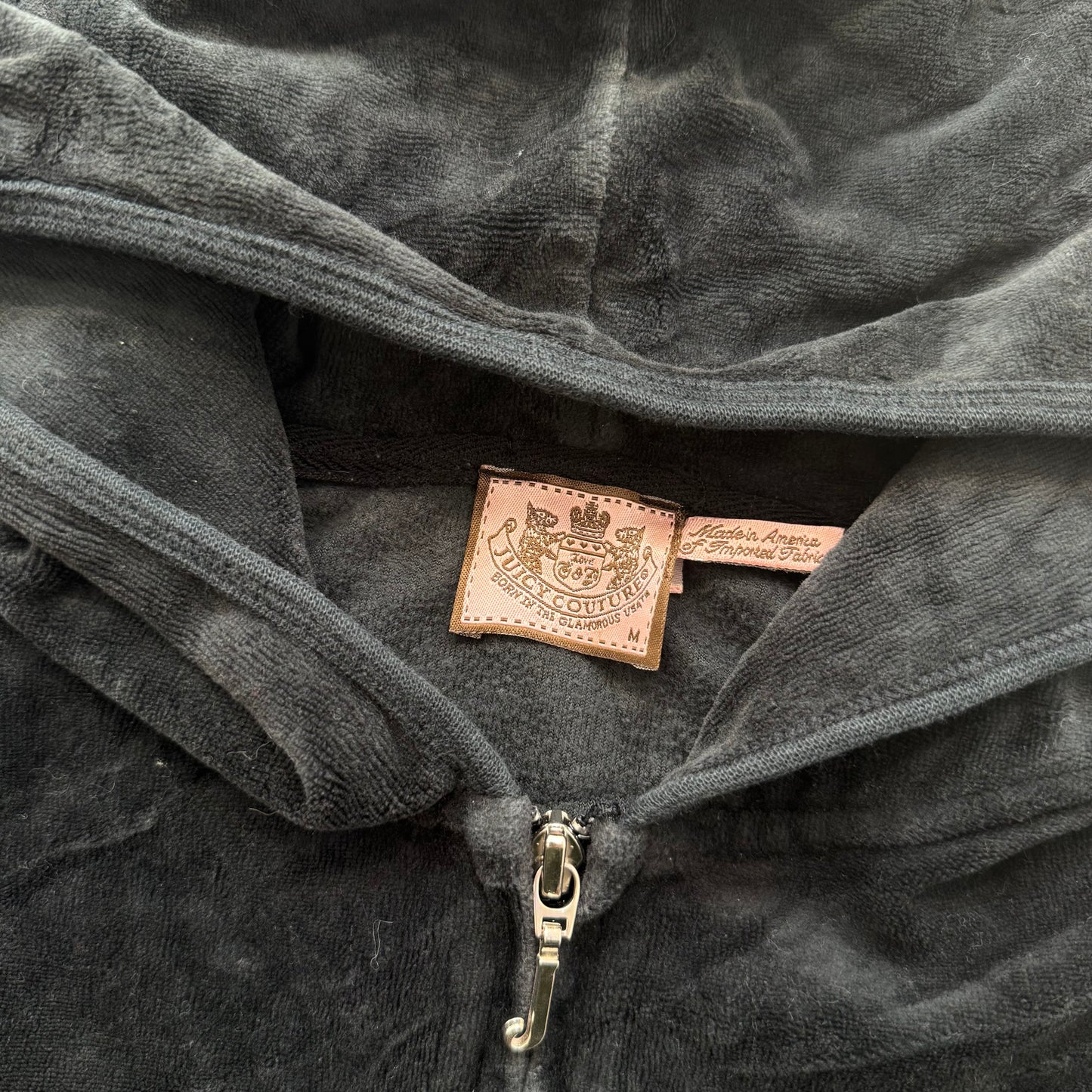 Juicy Couture Women Black Velour Tracksuit Set Hoodie & Snap Pockets Pant Size M
