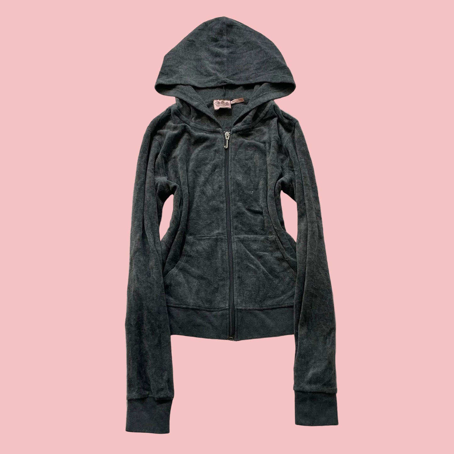 Vintage Juicy Couture Women Charcoal Gray Velour Zip-Up Hoodie Loungewear Size S