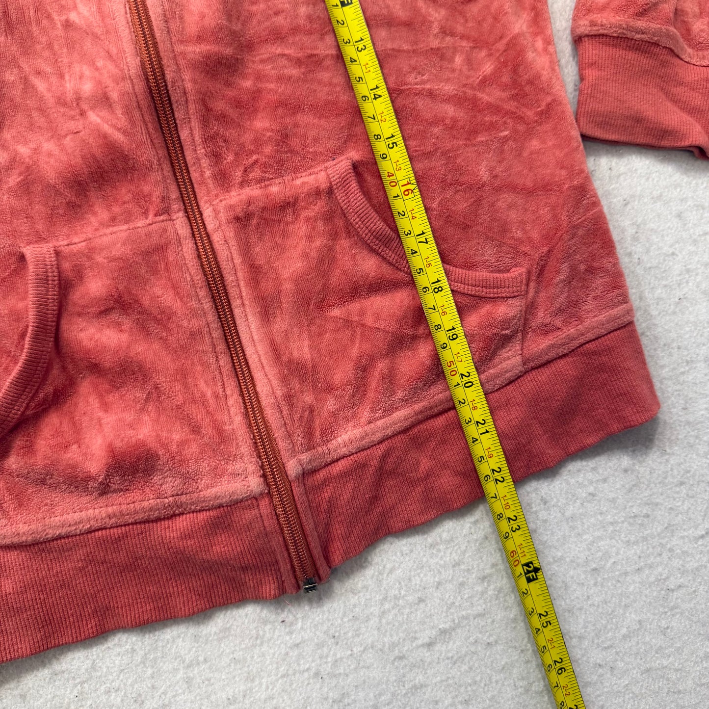Bebe Women's Coral Pink Velour Full Zip Hoodie Loungewear Rhinestone Logo Size M