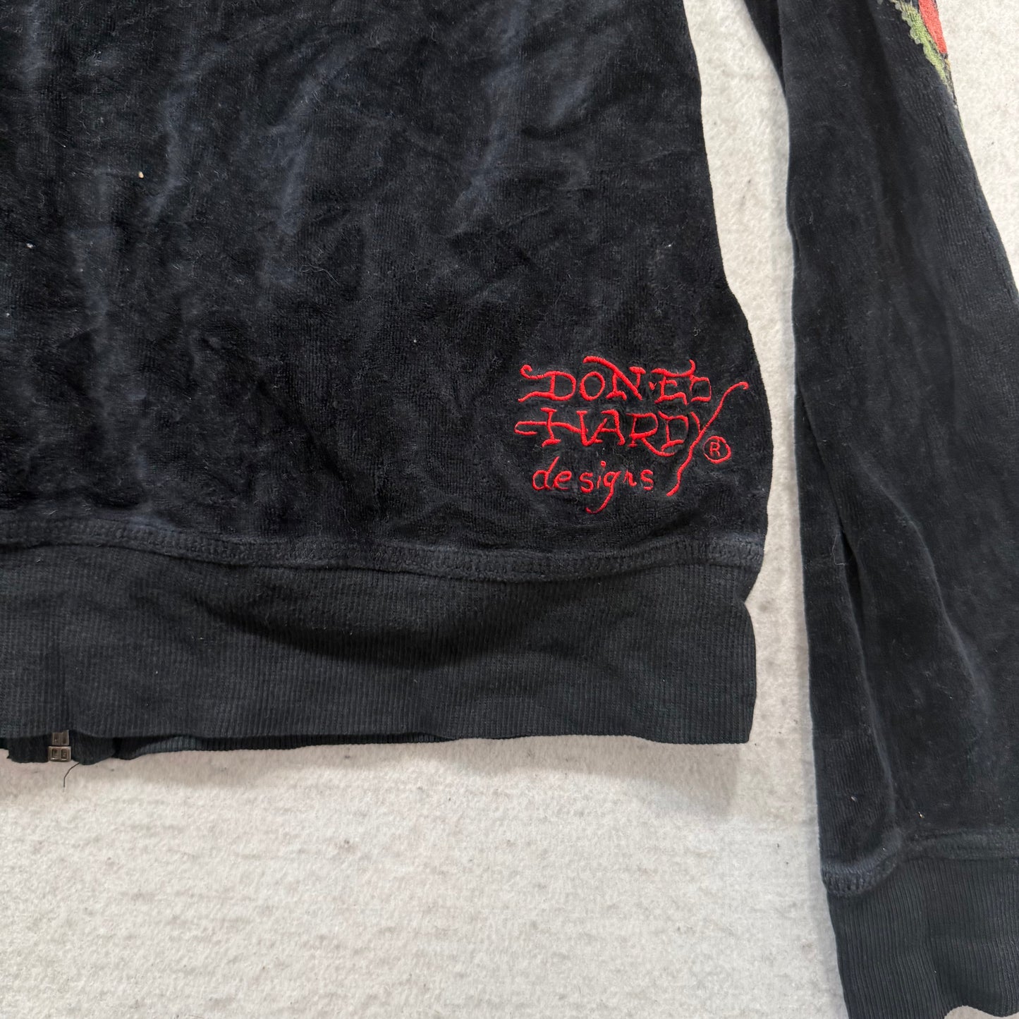 Ed Hardy Roses Gypsy Women's Black Velour Zip-Up Hoodie Tattoo Print Logo Size L