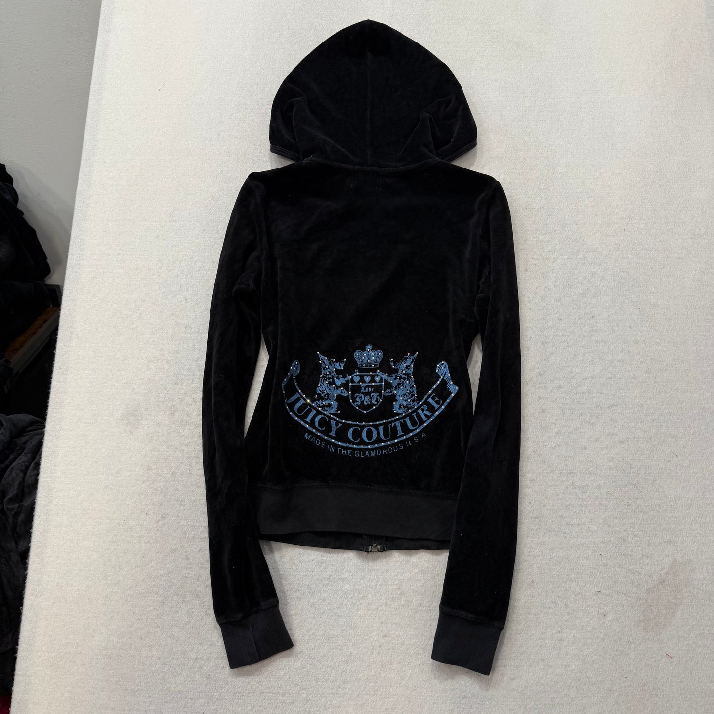 Juicy Couture Black Velour Tracksuit Set Zip Up Hoodie & Flared Pant Logo Size M