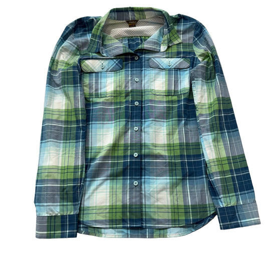 Eddie Bauer Women's Green Blue Nylon Plaid Button Up Shirt Pocket Outdoor Size M