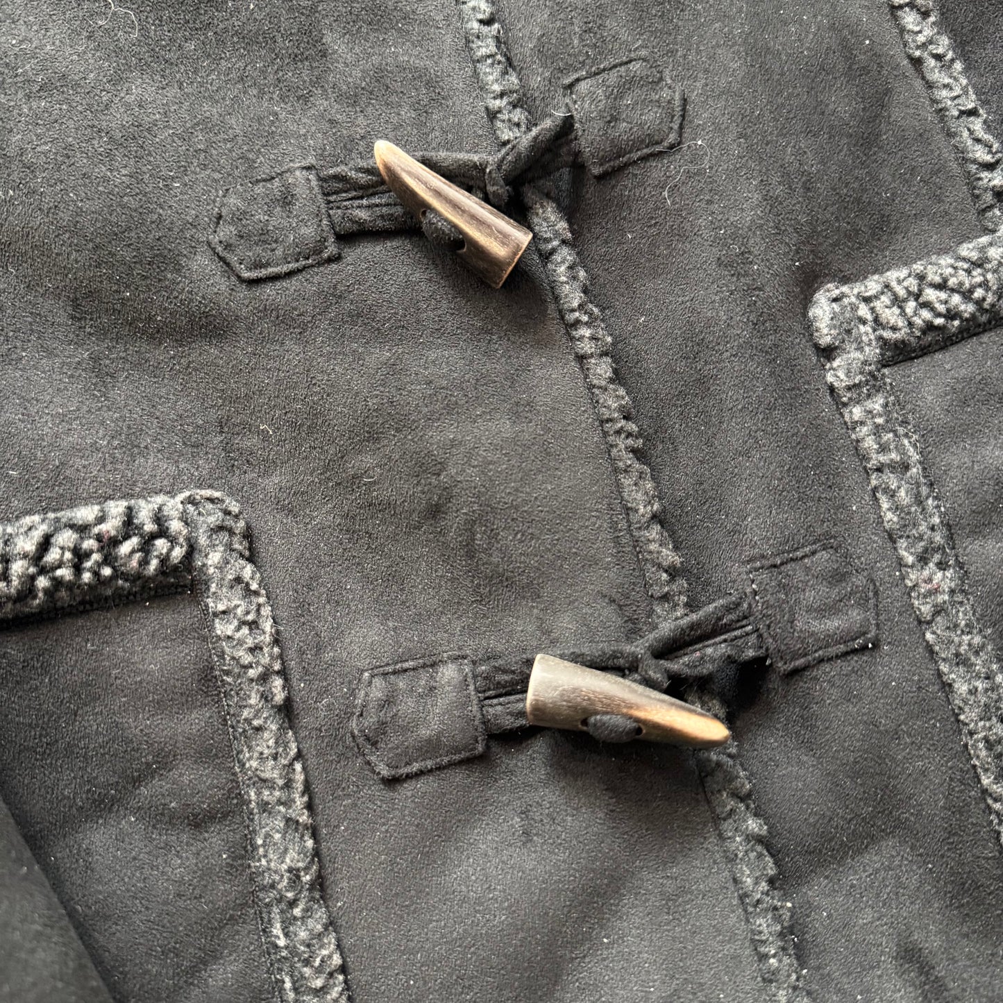 L.L. Bean Womens Black Faux Suede Hooded Toggle Coat Sherpa Lined Classic Size M